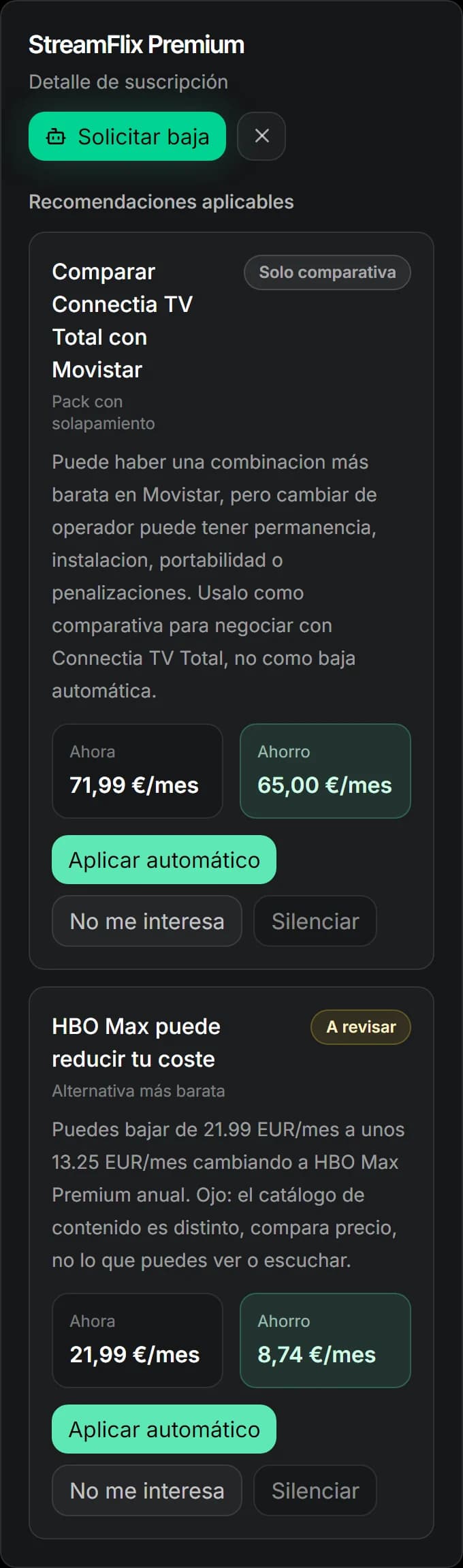 Detalle de una suscripción con el botón Solicitar baja