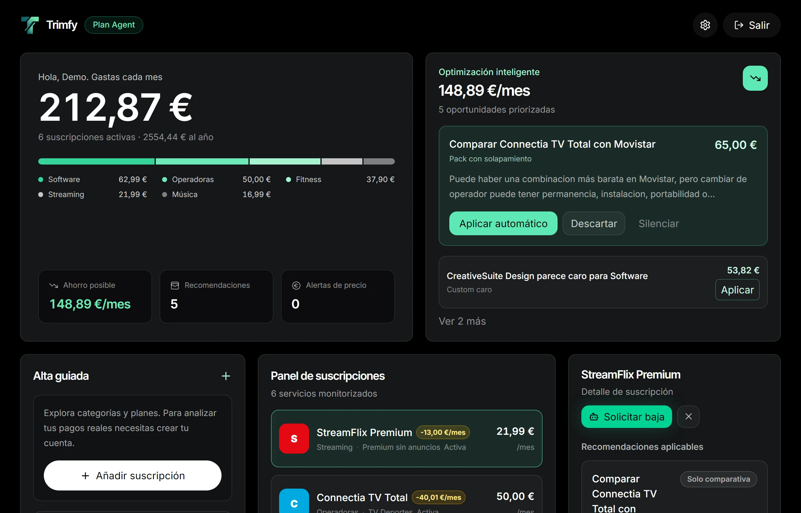 Panel de Trimfy: gasto mensual, ahorro posible, recomendaciones y lista de suscripciones